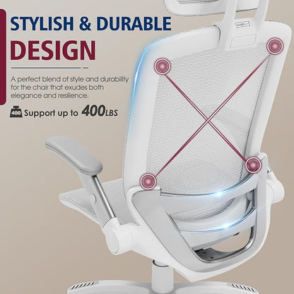 GABRYLLY Ergonomic Office Chair, High Back Home Desk Chair with Headrest, Flip-Up Arms, 90-120° Tilt Lock and Wide Cushion, 400LBS Mesh Chairs for Man Woman, White Task Chair(Grey,GY01WG)
