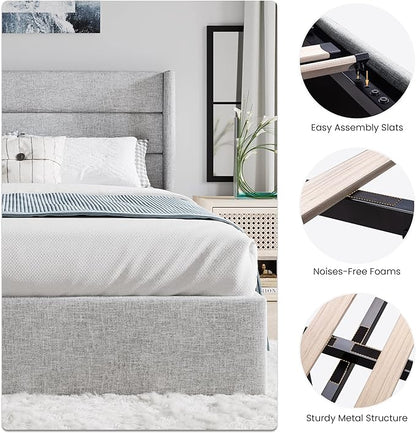 SHA CERLIN Full Size Lift Up Storage Bed/Modern Wingback Headboard/Upholstered Platform Bed Frame/Hydraulic Storage/No Box Spring Needed/Wood Slats Support/Light Grey