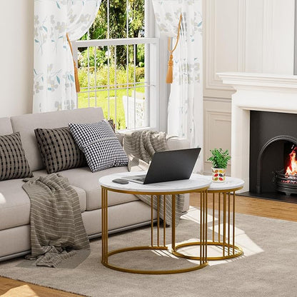 Garden 4 you Coffee Table Faux Marble Nesting Table for Small Place 2 Sets Modern Furniture Living Room Sets End Side Table Night Stand for Bed Room Dining Room (White & Gold)