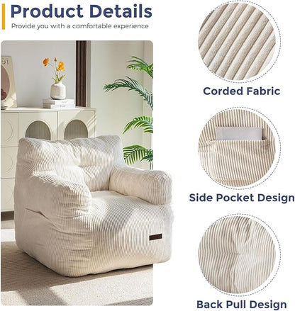 MAXYOYO Bean Bag Chair, Tufted Bean Bag Couch Lazy Chair, Living Room Sofa Couch with Filler for Adult Teens Kids, Corded Fabric Accent Sofa for Bedroom Dorm, Beige