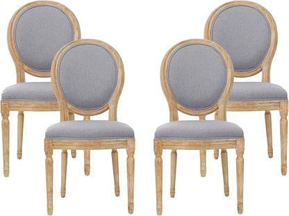 GDFStudio Hedwig French Country Fabric Dining Chairs (Set of 4), Light Gray + Natural