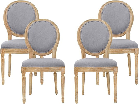 GDFStudio Hedwig French Country Fabric Dining Chairs (Set of 4), Light Gray + Natural