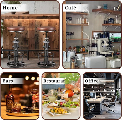 Topower Antique Industrial Round Bottom Adjustable Height Cafe Coffee Retro Vintage Stylish Water Pipe Design Pub Kitchen Bar Stool (Silver, PU Leather Top)