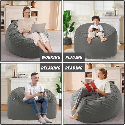 3FT Bean Bag Chair with Ultra Soft Velvet Cover Bean Bag Sofa with Memory Foam Bean Bag Chairs with Large Size Lazy Sofa for Dorm Office Living Room Bedroom Light Grey 3'