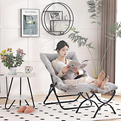 Comfy Saucer Chair with Ottoman, Oversized Folding Faux Fur Chair Soft Furry Lounge Lazy Chair with Metal Frame Moon Chair Accent Chair for Bedroom, Living Room, Dorm Rooms, Grey