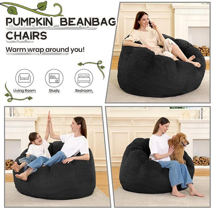 HABUTWAY Giant Bean Bag Chair for Adults/Kids/Teens, Pumpkin Bean Bag Couch Comfy Reading Chair for Bedroom, Corduroy Lazy Sofa Loughe Chair with Wider Seat Depth & Non-Slip Bottom (Black)