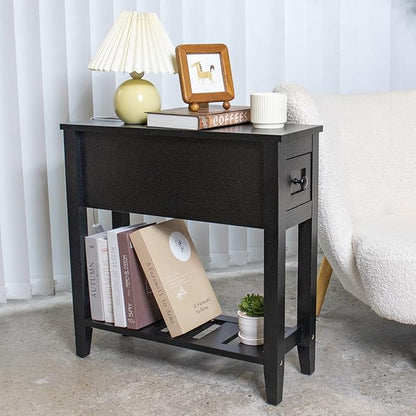 Narrow End Table, Black Couch Table with Drawer, Slim Bed Side Table for Small Space/Night Stand Set of 2, Side Table for Couch
