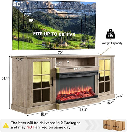 ROCKPOINT 3 Sided Glass 70" Fireplace TV Stand for TVs up to 80", Media Entertainment Center with Glass Door Storage Cabinet for Living Room,36" Electric Fireplace & Adjustable LED Light,Grey