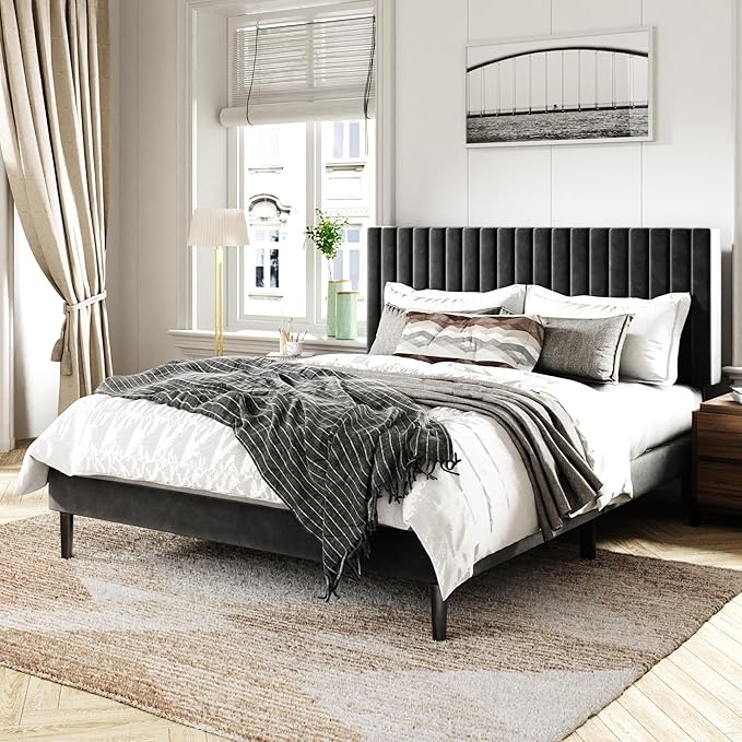 Queen Size Bed Frame with Velvet Upholstered Headboard, Platform Bed with Strong Wood Slats, Mattress Foundation, Box Spring Optional, Easy Assembly, Black