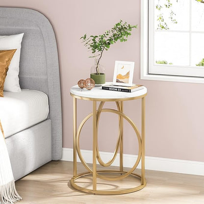 Tribesigns Round End Table for Living Room, Modern Marble Side Table with Gold Metal Frame, White and Gold Accent Table, 26-Inch Tall Narrow Nightstand for Bedroom