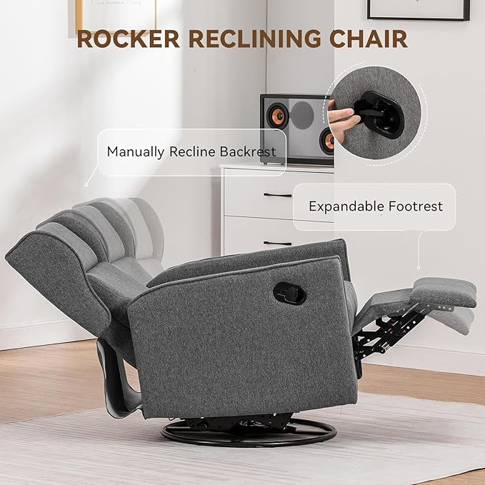 COMHOMA Rocking Recliner Chair,Swivel Glider Reclining Single Sofa Manual Rocker Recliners,Nursery Rocking Chairs with Upholstered Seating for Living Room Office(Gray)