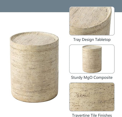 COSIEST 2 Pieces Outdoor Side Table, Set of 2 Cylinder Shaped MgO Patio End Table, Lightweight Accent Table with Tray Top, Round Plant Stand for Garden and Deck, Beige