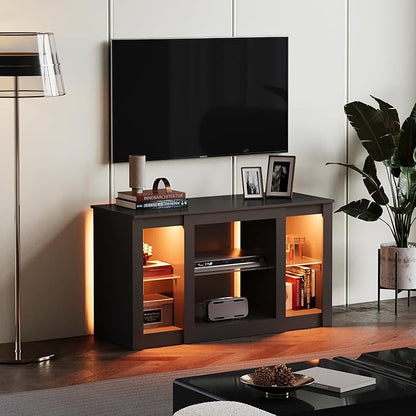 WLIVE TV Stand for 43 Inch TV, Modern Entertainment Center with LED Lights & Adjustable Glass Shelves, Sturdy Media Console for Living Room, Bedroom,Gaming (Black)