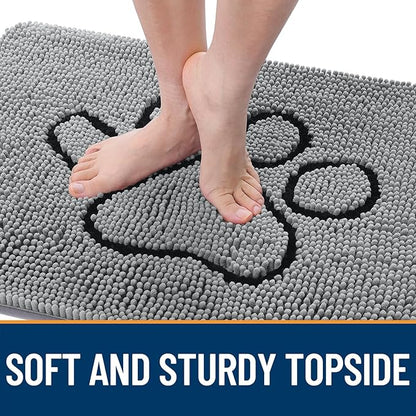 OLANLY Door Mat for Muddy Dog Paws 34x21, Ultra Absorbent Chenille Mud Doormat with Paw Print Design, Non-Slip Washable Doormat for Indoor Entryway, Quick-Dry Pet Bed Mats for Dirty Dogs, Grey