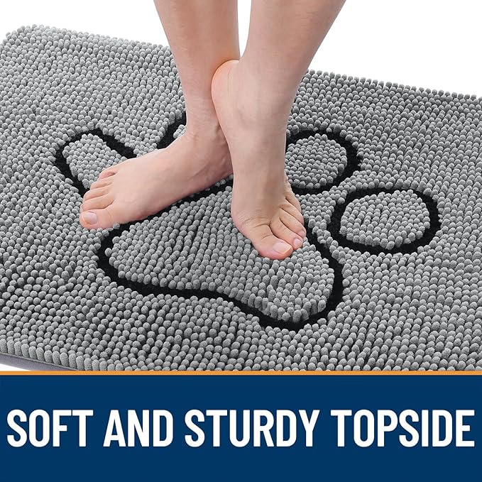OLANLY Door Mat for Muddy Dog Paws 47x32, Ultra Absorbent Chenille Mud Doormat with Paw Print Design, Non-Slip Washable Doormat for Indoor Entryway, Quick-Dry Pet Bed Mats for Dirty Dogs, Grey