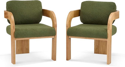 Christopher Knight Home Yorick Modern Boucle Dining Chair Set of 2 with Cushion, Solid Wood Dining Room Armchair Set, Curved Backrest Kitchen Side Chair, Living Room Comfy Extra Seat, Natural+Green