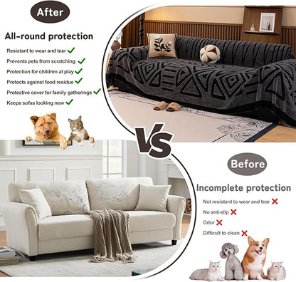 HANDONTIME Dark Grey Sofa Cushion Covers Boho Couch Sofa Covers Short Plush Couch Cover for Sofa Shu Velveteen Couch Sofa Slipcover for Pets Black Geometric Sofa Cover Washable Warm Soft, 71" X134"