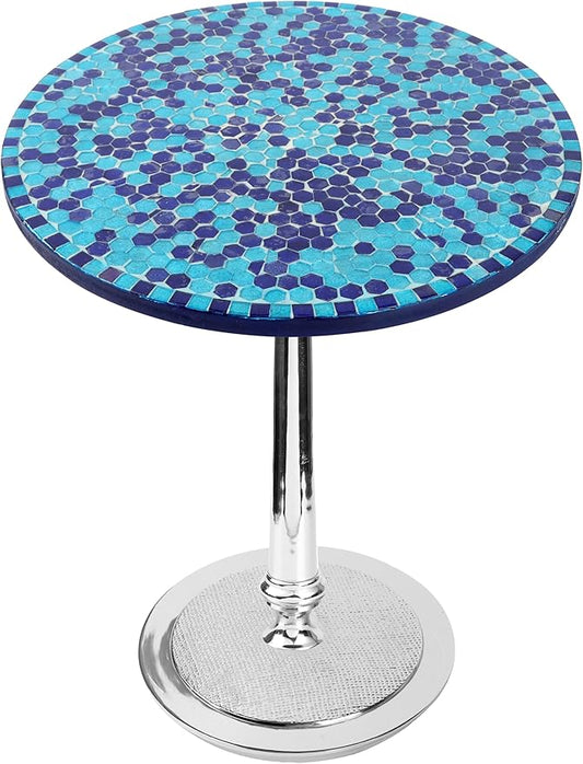 CLEENTABLE Mosaic Round End Table for Living Room & Bedroom - Artistic Coffee Side Table with Polished Aluminum Legs, Enamel-Coated Top, Lightweight Design, Easy Assembly (Blue Silver)