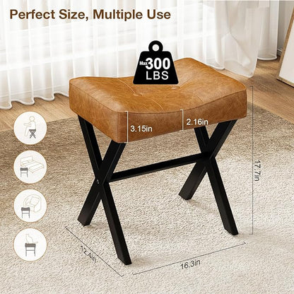 18-Inch Leather Vanity Stool Chair, Vanity Bench with Metal X-Leg, Ottoman Foot Stool with Thick Padded Saddle Seat, Brown
