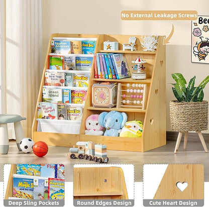 Lerliuo 4 Tier Kids Bookshelf and Storage Organizer, Five Layer Sling Children Bookcase, Baby Toddler Wooden Book Shelf, Display Cabinet for Playroom, Bedroom, Classroom, Nursery, School (Natural)