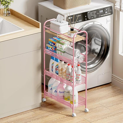 KINGRACK Metal Slim Rolling Cart,4-Tier Metal Utility Cart,Storage Cart with Wooden Tabletop, for Narrow Space on Laundry Bathroom Kitchen Room Bedroom Apartments Dormitory (Pure Pink, Slim)