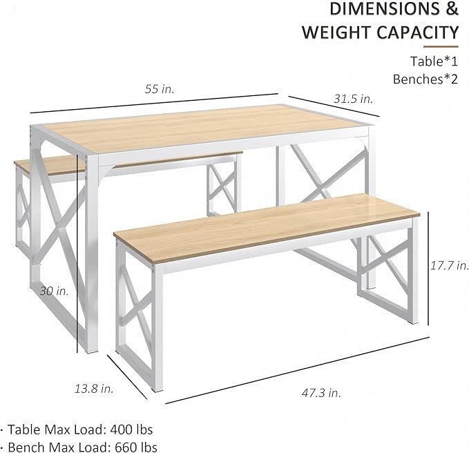 VECELO Kitchen Dining Table Set for 4 to 6, 55" Wood Dinette 2 Benches with Metal Frame for Dinner Breakfast Nook and Small Space, Oak
