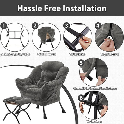 Lazy Chair with Folding Ottoman, Accent Chair Plush Upholstered with Metal Structure and Non-Slip Pads, Sofa Armchair with Footrest and Side Storage Bag for Dorm, Room, Office, Dark Gray