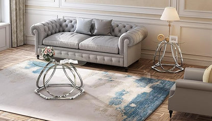 O&K FURNITURE Glass Coffee Table, Modern Silver Coffee Table Living Room Table with Hexagonal Base, Round Coffee Table for Home&Office, Chrome Finish, 1 PC