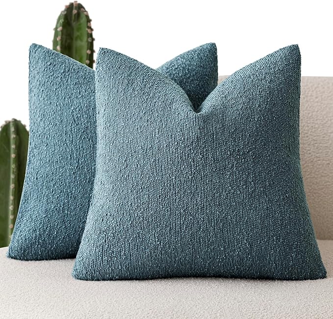 Foindtower Set of 2, Decorative Textured Boucle Throw Pillow Covers Accent Solid Pillow Cases Neutral Cozy Couch Cushion Case for Chair Sofa Bedroom Living Room Home Decor 26x26 Inch Misty Blue