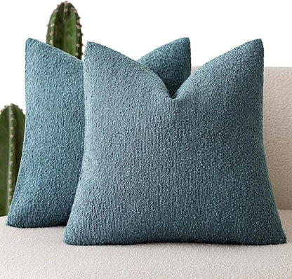 Foindtower Set of 2, Decorative Textured Boucle Throw Pillow Covers Accent Solid Pillow Cases Neutral Cozy Couch Cushion Case for Chair Sofa Bedroom Living Room Home Decor 26x26 Inch Misty Blue