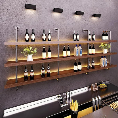 62.9in Large Wine Rack with LED Light Solid Wood Wall Mounted Wine Rack, 3-Tiers Liquor Bottles Floating Shelves Display Storage Organizer for Home Bar & Dining Room (160cm/62.9in)