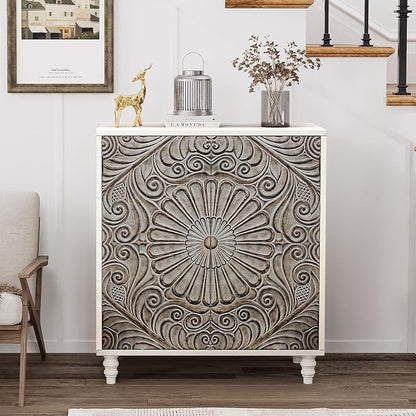 COSIEST 32" W Sideboard Buffet Cabinet with Storage, Accent Cabinet with 2 Push-to-Open Magnetic Doors, Vintage MDF Buffet Table for Living Room, Kitchen, Hallway (Gray,Flower Pattern)