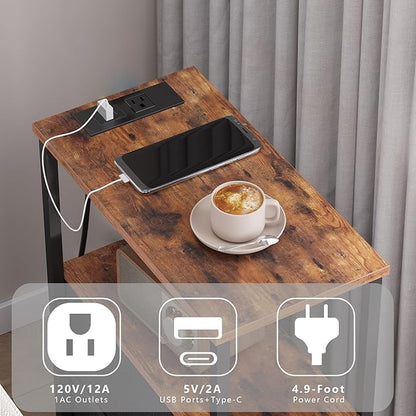 TUTOTAK Narrow Night Stand with Charging Station, Slim End Table with Plugins, Tall Side Table with 3 Fabric Drawer, Small Bedside Table with Storage, Living Room, Bedroom, Brown TB01BB086