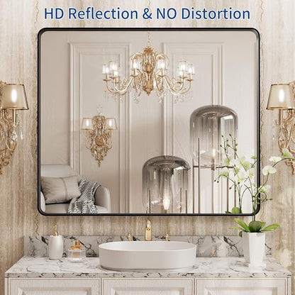 WEER 36X30 Inch Black Metal Framed Bathroom Mirror, Matte Black Bathroom Vanity Mirror, Rectangular Black Wall Mirror for Bathroom, Tempered Glass, Rounded Corner, Hangs Horizontal or Vertical