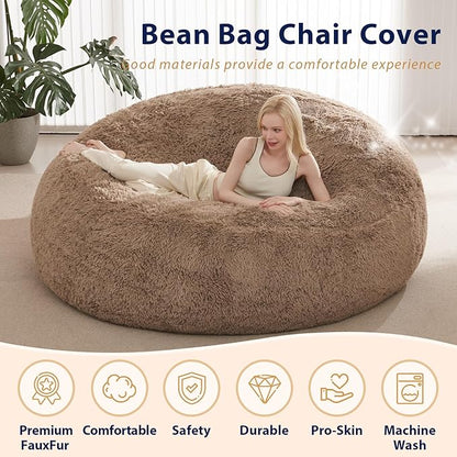 Fluffy Bean Bag for Stuffed Animals Storage, Faux Fur Washable Bean Bag Chair Cover(No Filler) for Textile Plush Toys, Beanbag Chair Cover for Adults Kids Teens, 5FT, Khaki