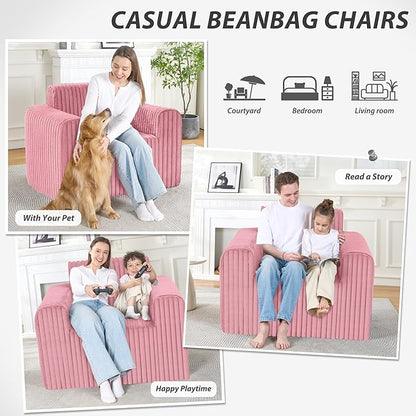 Giant Bean Bag Chair for Adults, Non-Slip Floor Sofa with High Backrest & Wider Armrest, Upgrade Whole Sponge Bean Bag Sofa Couch for Bedroom Living Room(Large,Pink,Stripe Plush)