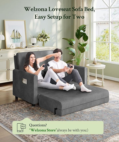 53” Convertible Sofa Bed Couch, Corduroy Couch Bed, 6-Position Loveseat Sleeper Sofa, Love Seat Sleeper Bed 23.6" Extra Deep Seat, Modern Couches for Living Room/Apartment/Home/Office, Grey