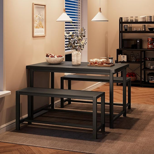 Dining Table Set for 4 with 2 Benches, 3-Piece Kitchen Table Set, Space-Saving Dining Set for Kitchen, Dining Room, Black