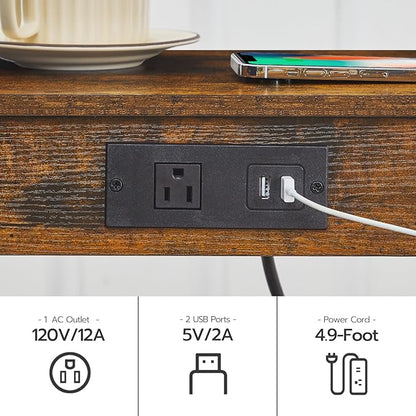 HOOBRO Side Table with Charging Station, End Table with USB Ports and Outlet, Nightstand with Storage Shelf, Faux Rattan Decoration, for Living Room, Bedroom, Rustic Brown and Black BF91UBZ01
