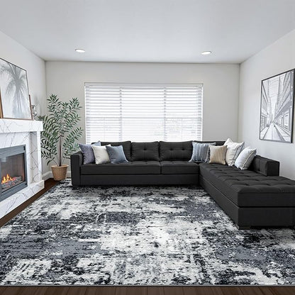 Washable Area Rugs 5'x7' Non-Slip Modern Abstract Soft for Living Room Entryway Bedroom Nursery, Print Pattern, Black Gray