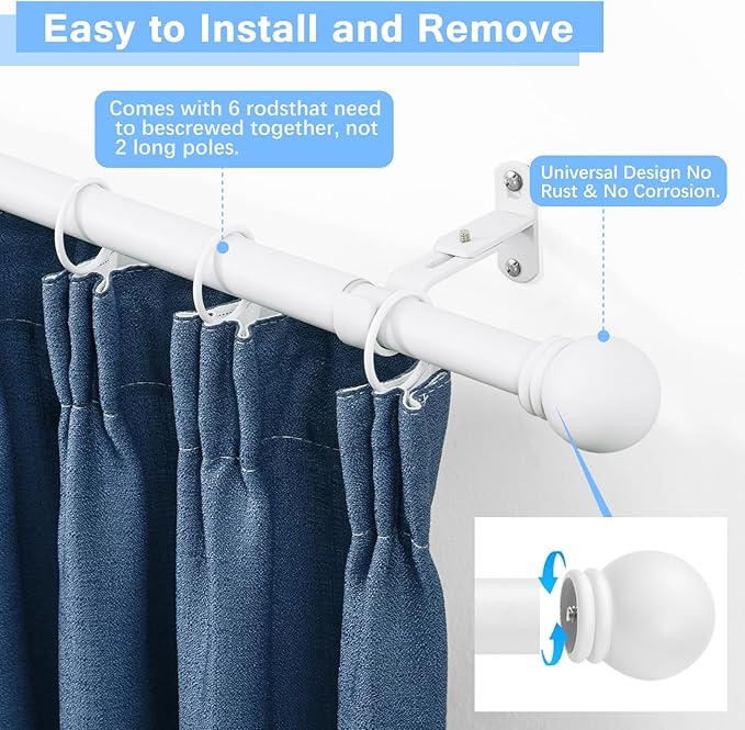 Curtain Rods for Windows 16 to 92 Inches, Curtain Rod Max Adjustable Length of 104 IN, 6/8" Diameter Drapery Rods Round Finials, White, Pack of 1
