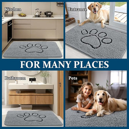 OLANLY Door Mat for Muddy Dog Paws 47x24, Ultra Absorbent Chenille Mud Doormat with Paw Print Design, Non-Slip Washable Doormat for Indoor Entryway, Quick-Dry Pet Bed Mats for Dirty Dogs, Grey