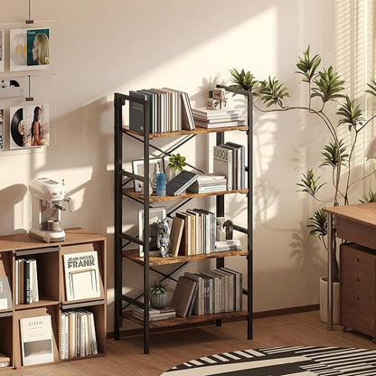 Folding Bookshelf,4 Tier Bookcase Foldable Shelf with X-Bracket Design, Adjustable Feet, Space Saving Storage for Living Room, Office, Rustic Brown