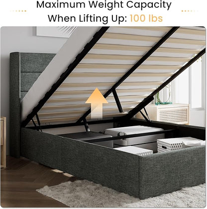 SHA CERLIN Full Size Lift Up Storage Bed/Modern Wingback Headboard/Upholstered Platform Bed Frame/Hydraulic Storage/No Box Spring Needed/Wood Slats Support/Dark Grey