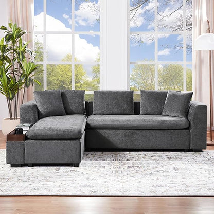 Merax 93.7" L-Shaped Sectional Sofa with Wooden Storage Compartment, Chenille Upholstered Deep Seating Sleeper Couch & Chaise Lounge and Throw Pillows for Living Room, Gray