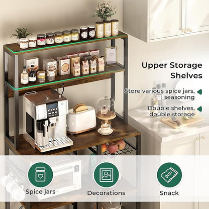 SUPERJARE Bakers Rack with Power Outlet, 35.4 Inches Coffee Bar with Wire Basket, Kitchen Microwave Stand with 6 S-Shaped Hooks, Open Storage Shelves, Rustic Brown