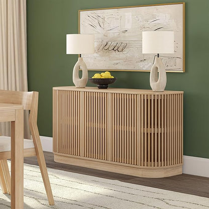 Plank+Beam Contour Wood TV Stand, Three Door Solid Wood Entertainment Console with Storage, 59" L x 16" W x 30" H, Blonde
