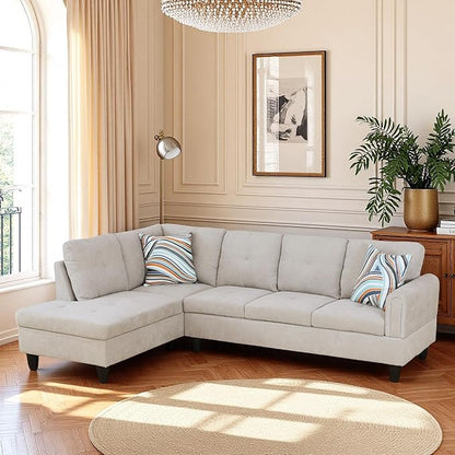 L Shaped Couch Sectional Couches with Chaise, Fluffy Fabric 3 Pieces Modular Convertible Sofa for Living Room Furniture Sets and Small Apartment, Light Grey
