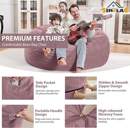 4FT Bean Bag Chair, Large Bean Bag Chairs with Memory Foam Filled, Fluffy Beanbag Sofa with Dutch Velvet Cover, Round BeanBag Chairs for Living Room, Playroom - Dusty Pink