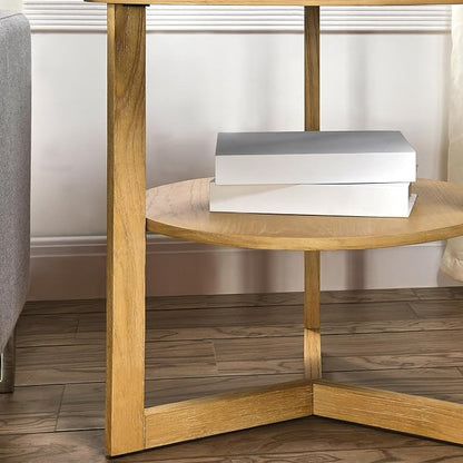MODERION Large Round End Table, Rustic Beside Table with Umbrella Shaped Top, Traditional Circular Sofa Side Table with Shelf, 25.2”D Nightstand, Telephone Table for Living Room Natural CJZ3338OA